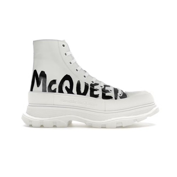 Alexander McQueen Tread Slick Graffiti Leather Boots White Black